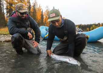 Alaska Trout Fishing An image of anglers on an Alaska fly Fishing trip with gorgeous trout.