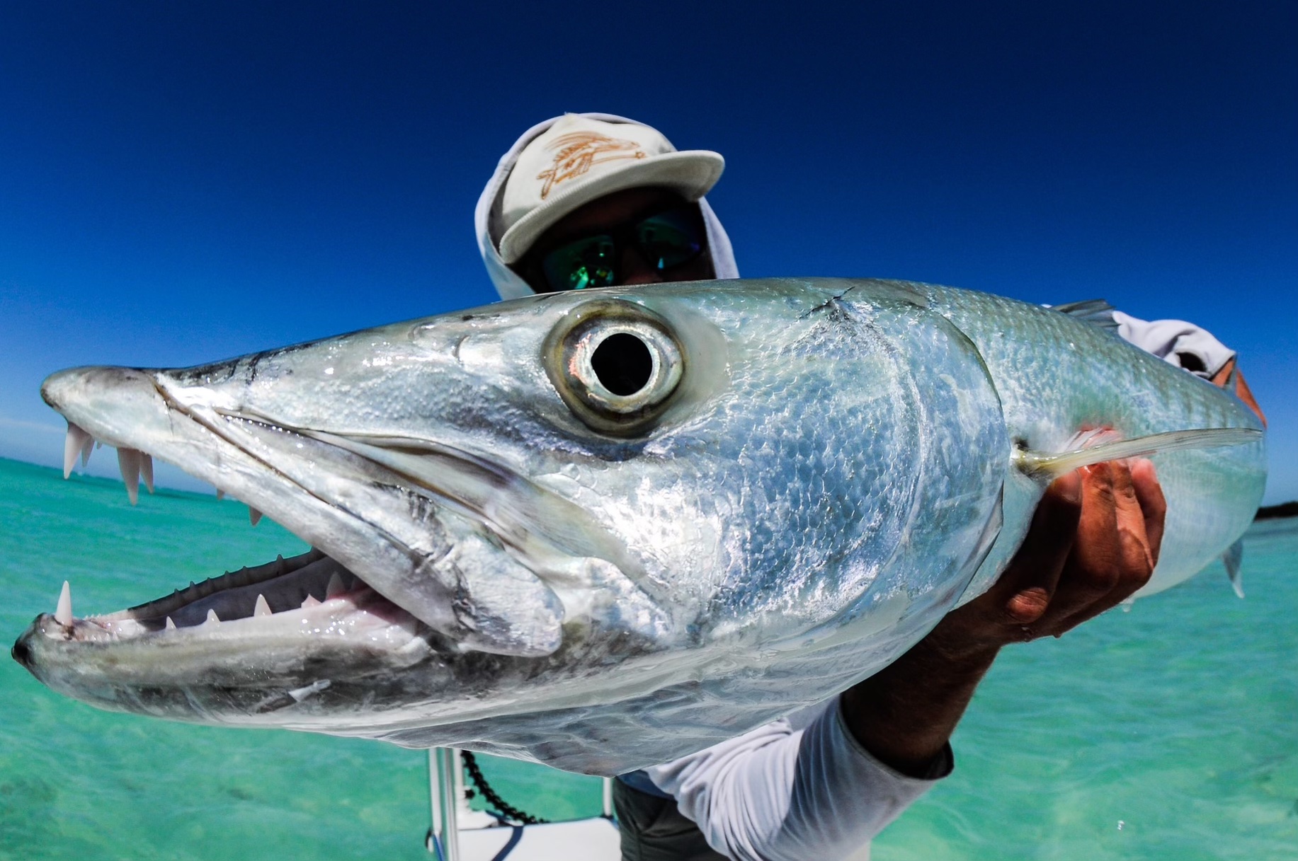 An image of a Florida Keys fishing guest with a barracuda caught on board an Outgoing Angling charter.